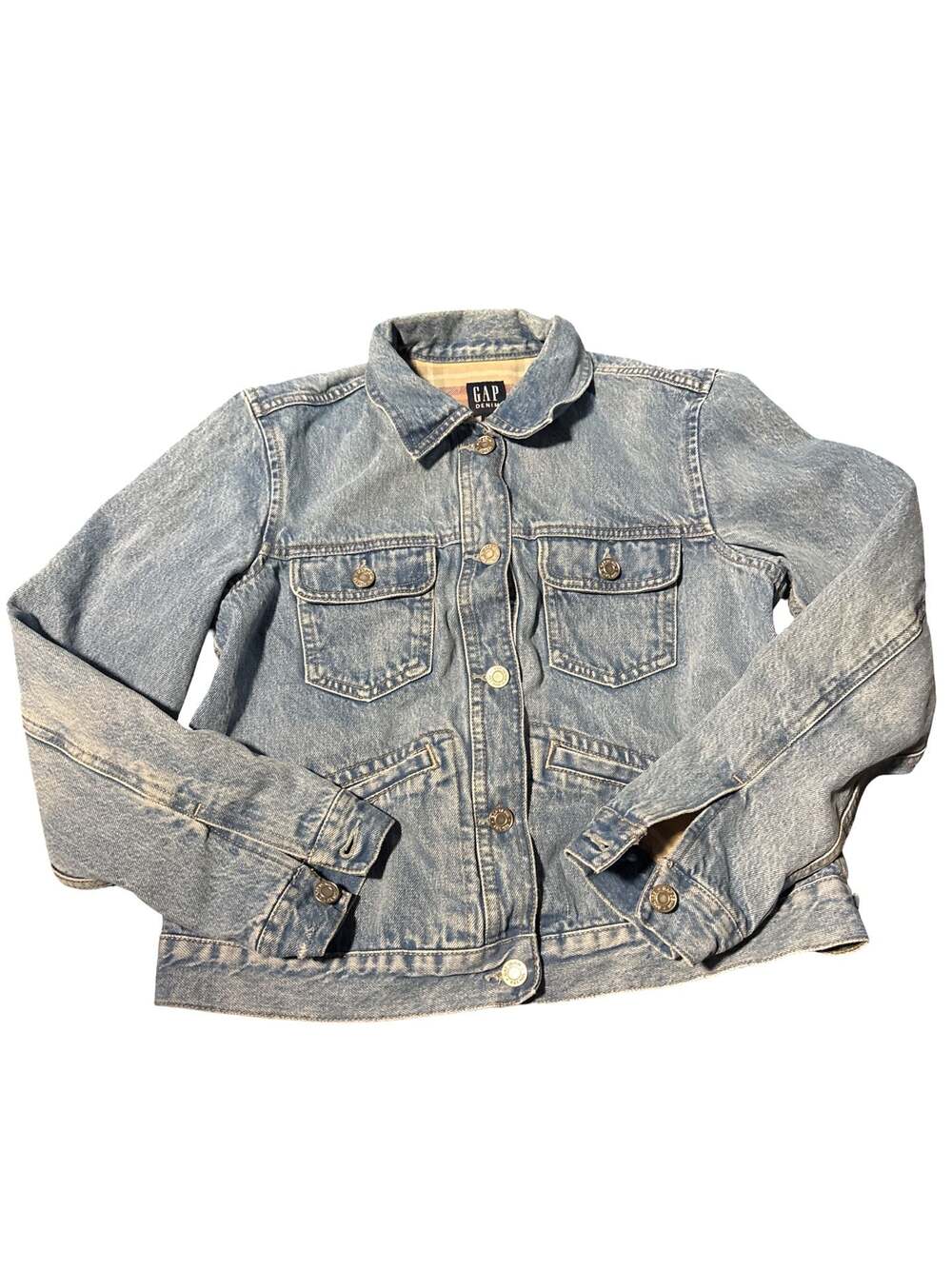 GAP Denim Womens M Jean Jacket Blue Denim Plaid Flannel Lined Trucker Vintage